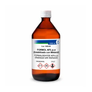 Formol 40% P.A. x 1000 mL en envase individual sin identificación del fabricante