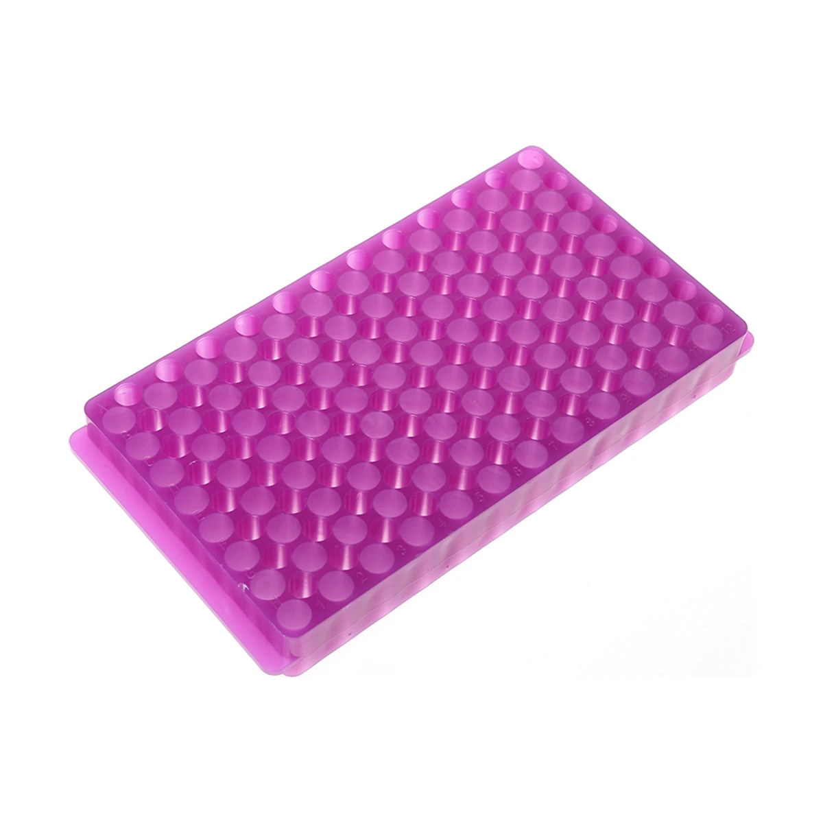 Placa reversible de 96 posiciones para microtubos de 0,5 y 1,5 ml, color violeta, vista superior oblicua