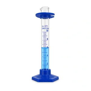 Probeta de vidrio de 10 ml con base plástica azul, portada