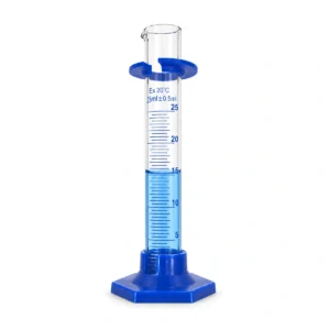 Probeta de vidrio de 25 ml con base plástica azul, portada