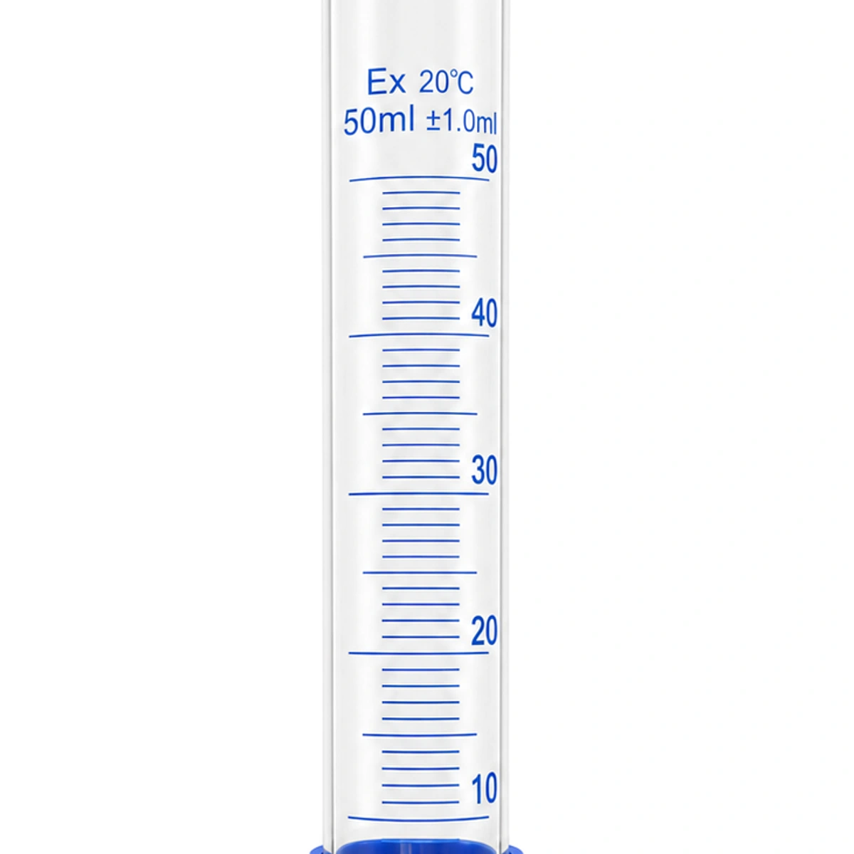 Probeta de vidrio de 50 ml con base plástica azul, detalle escala