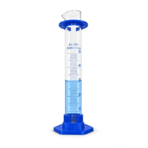 Probeta de vidrio de 50 ml con base plástica azul, portada