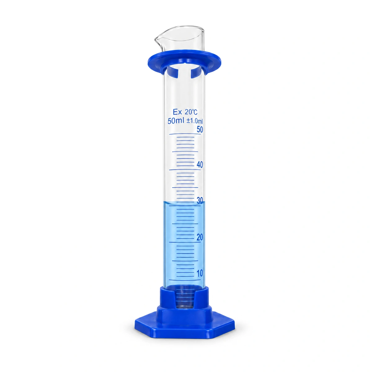 Probeta de vidrio de 50 ml con base plástica azul, portada