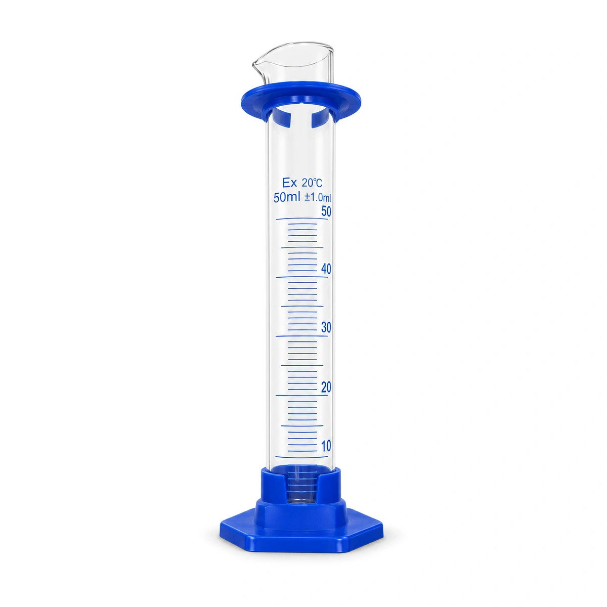 Probeta de vidrio de 50 ml con base plástica azul, vacio