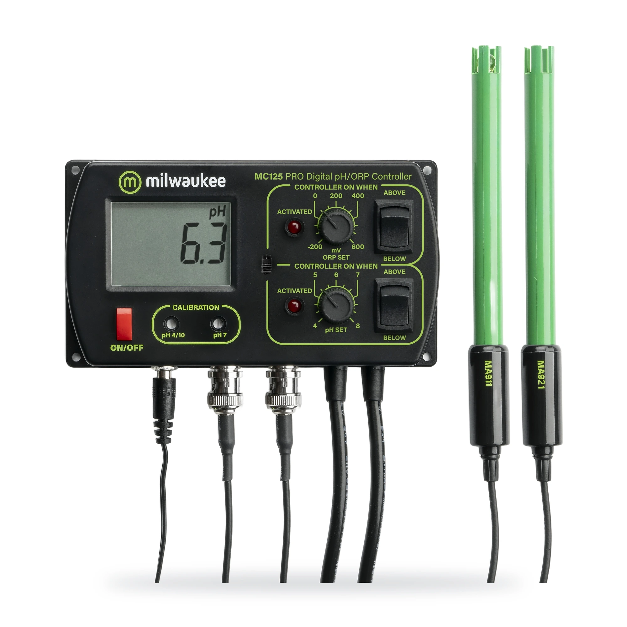Controlador de pH y ORP MC125 MILWAUKEE, 2 en 1, set point 4-8 pH y -200 a 600 mV, dos relés de dosificación