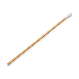 Hisopo de madera y algodón estéril, unidad fuera de su envoltorio.