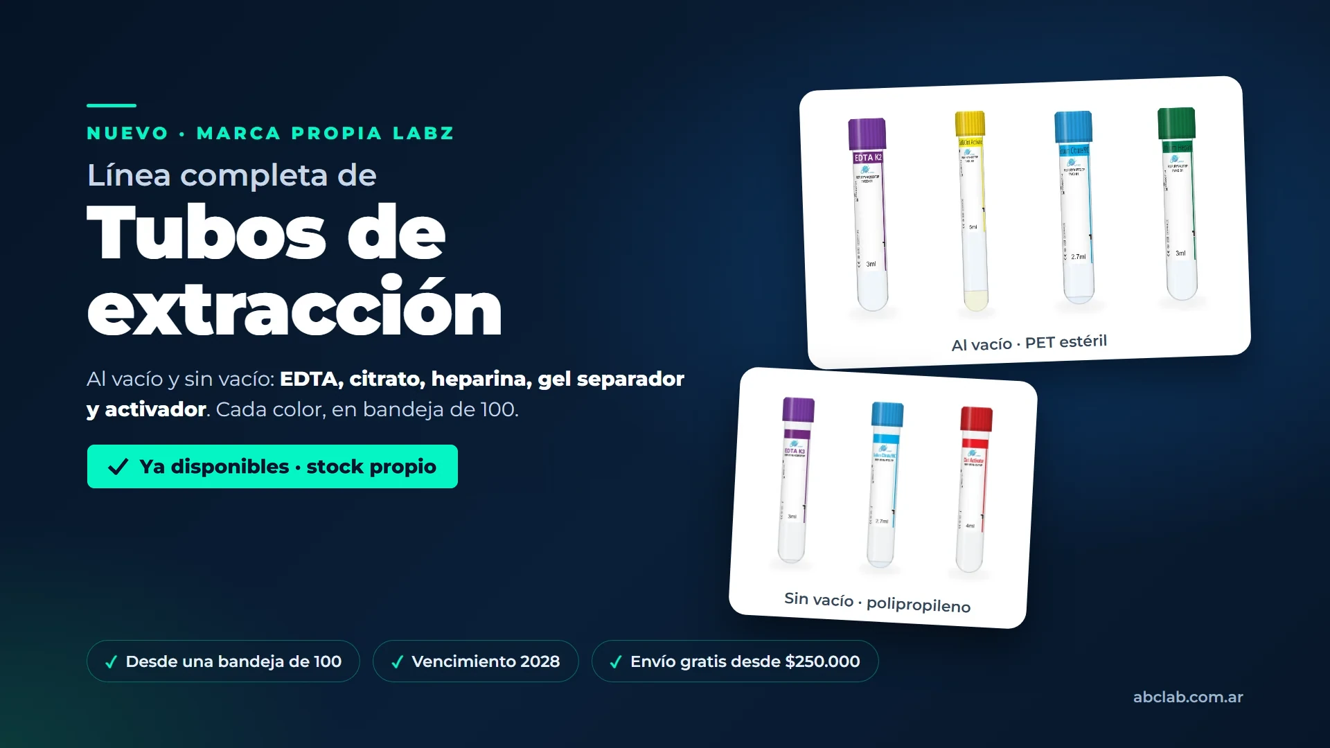Tubos de extracción LABZ al vacío y sin vacío: EDTA, citrato, heparina, gel separador y activador. Ya disponibles, con stock propio